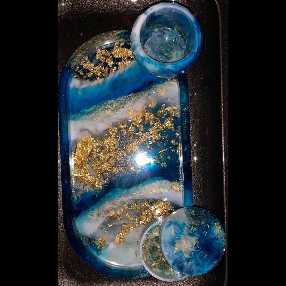Epoxy marble rolling tray mini set